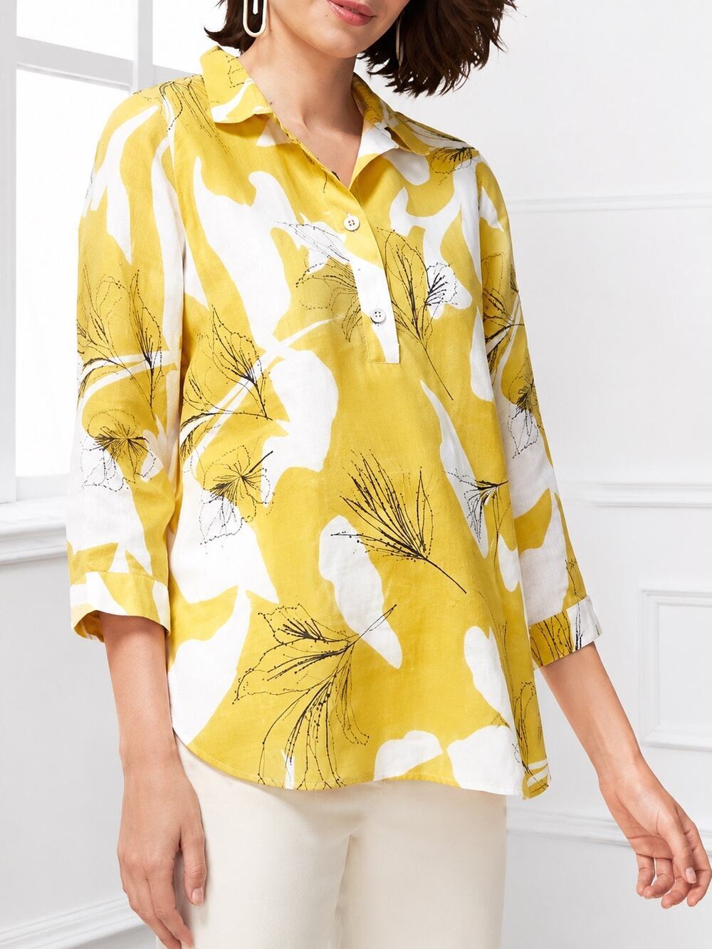 Chicos 100% Linen Floral Tunic Top Sz 18 Tropical 3/4 Sleeve Resort Back Buttons